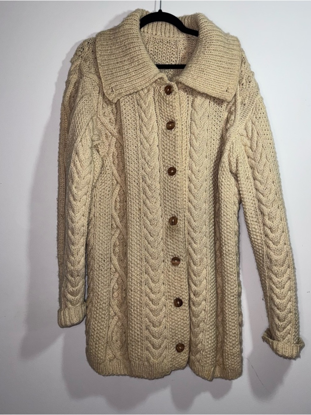 Hand Knit Cream Wool Aran Cardigan M/L Cable Knit Irish Sweater Coat
